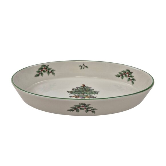 Spode Christmas Tree Oval Baker Oven To Table 10 in Green Trim Holiday Serving - Picture 1 of 10